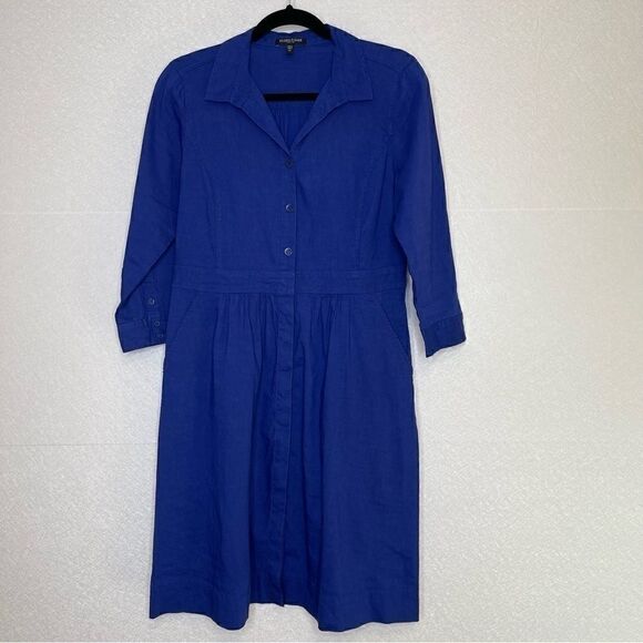 EILEEN Fisher Button Front Linen Shirt Dress Royal Blue PS - Picture 2 of 6
